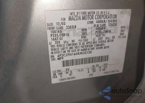 2004 Mazda Tribute Lx V6 z USA, uszkodzony, nr VIN 4F2CZ94164KM32130